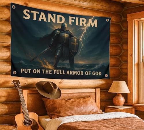 3x5 Feet Motivational Christian Flag Image Knight with Quote "Stand Firm – Put On the Full Armor of God" with 4 Brass Grommets - Single Sided Flag for Home Decor - Polyester Cool Tapestry for Bedroom