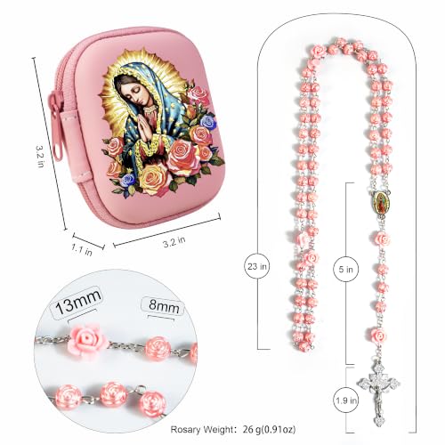 Rosary Beads Catholic for Women - Pearl Beads with Classic Cross, Virgin Mary Zippered Prayer Box, First Communion Gifts, Baptism Confirmation Jewelry - color: Guadalupe-Pink