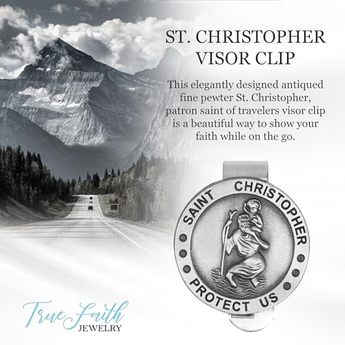 True Faith Jewelry Round St Christopher Medal Visor Clip for Car, Patron Saint of Travelers, Gift for New Driver, Fine Pewter (92% Tin) - size: St. Christopher (Round) 3