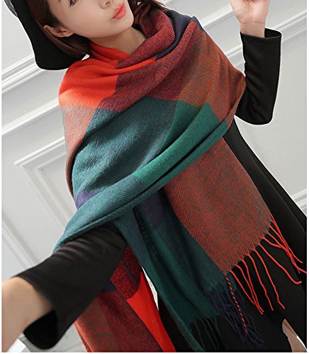 Wander Agio Women's Fashion Long Shawl Big Grid Winter Warm Lattice Large Scarf - color: Orange Blue1