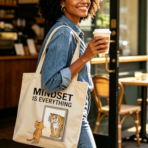 Motivation Canvas Tote Bag for Women Shopping Work Travel with Inner Pocket - color: Beige 01