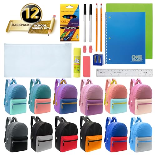 Moda West 17 Inch Bulk Backpacks with 18 Piece School Supply Kit - Case of 12 Wholesale Backpacks in Assorted Colors 6 Boy 6 Girl - color: 2 Tone, size: 18 Piece SS Kit
