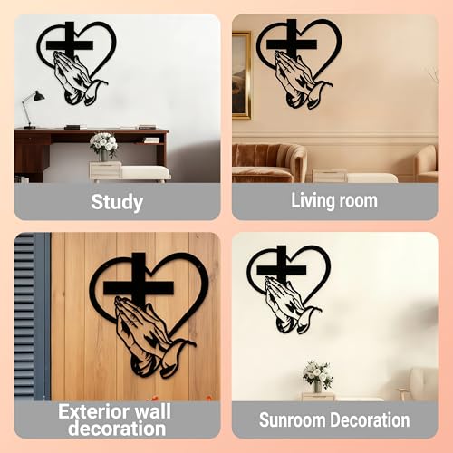 Anqililich bible Iron Christian Metal Cross Wall Decor crossArt - with Sacred Heart & Praying Hands, Farmhouse Religious Wall Sculpture for Living Room, Patio, Office, Home Decor(black 12 in) - color: Black