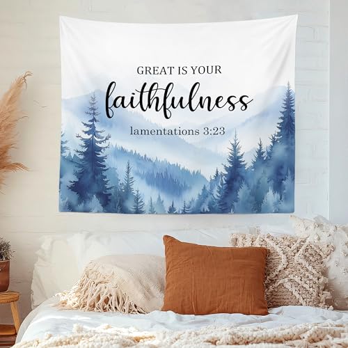MNASAIOO Christian Mountian Woods Wall Tapestry Hanging for Bedroom, Bible Verse Scripture Great Is Your Faithfulness Tapestries,Blue Watercolor Wall Decor Banner for Living Prayer Room Church 50x60in - color: faithfulness