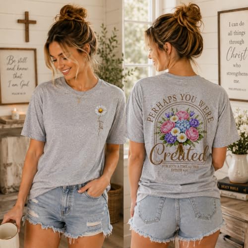 Christian Shirts for Women Floral Faith Bible Verse Graphic Tee Created for Such a Time as This T-Shirt - color: Grey, size: Medium