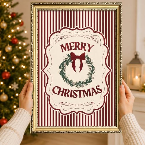 Vintage Gold Framed Merry Christmas Wall Art, Red Striped Holiday Wreath Canvas Print, Rustic Bow Botanical Poster for Living Room Bedroom Entryway Farmhouse Decor 16x24 Inch - color: A-Christmas, size: 24"L x 16"W