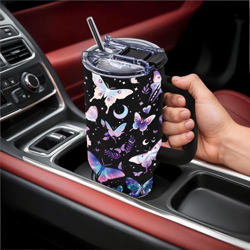 40oz Tumbler with Handle & Straw, Butterfly Gifts for Women - color: Butterfly-Black