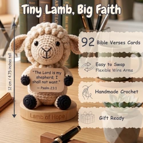 Christian Gifts for Women - Lamb of Hope Crochet with 92 Bible Verse Signs - Religious Faith Based Emotional Support Desk Decor, Positive Affirmation Cards for Women Men Teens Baptism Church Catholic