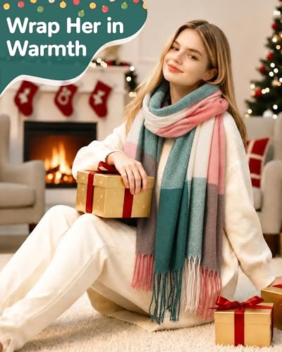 Loritta Winter Scarf for Women, Long Plaid Shawl Wraps Scarves Gifts - color: B-pink Green Lattice