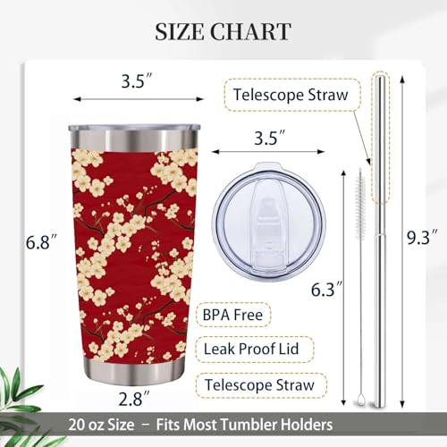 Red Cherry Blossom Tumbler 20 oz, Sakura Floral Insulated Stainless Steel Cup with Lid and Straw, Cream Botanical Travel Coffee Mug, Gifts for Women Mom, Flower Lovers - color: Asian Floral
