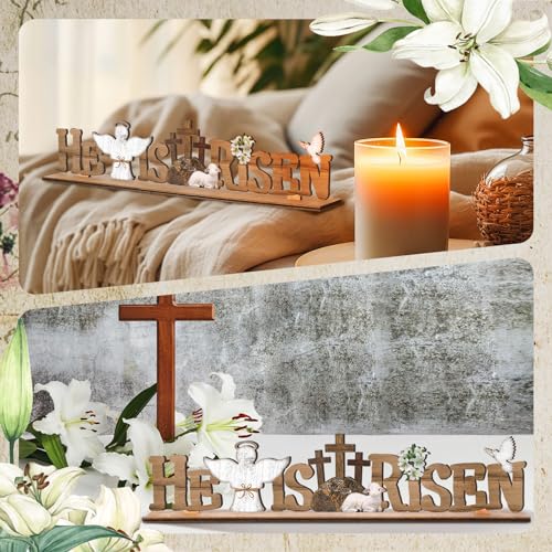 Vercraft Easter Decorations He Is Risen Wooden Sign Religious Table Centerpiece Christian Farmhouse Tabletop Sign for Tiered Tray Decor Fireplace Mantel Room Birthday Spring, 2.2 x 9.7 Inch(Fresh) - style: Fresh