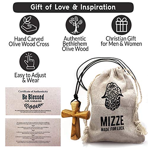 Hand Carved Tapered Wooden Cross Necklace for Men & Women on Adjustable Long Leather Cord - Available in Black or Brown - Wood Cross Pendant Gift for All Ages - color: Black