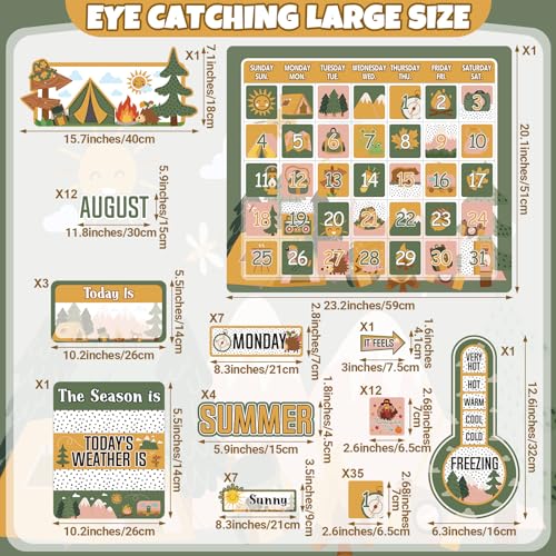 Cholemy 85 Pcs Calendar Bulletin Board Set Classroom Calendar Bulletin Board with Numbers Month Weather Classroom Decorations for Back to School Wall Chalkboard Decor Supplies(Camping Adventure) - style: Camping Adventure