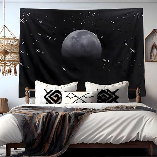 TUGCAY Moon Tapestry Black Tapestry Starry Night Sky Stars Tapestries Wall Hanging for Bedroom College Dorm Living Room Aesthetic Decoration(80x60 Inch) - size: 80"L x 60"W