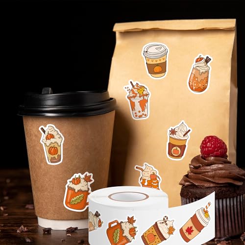 Haooryx Fall Coffee Sticker Roll, 1000Pcs Pumpkin Spice Latte Coffee Cup - style: Fall-Theme Pumpkin Coffee Cup 2Roll