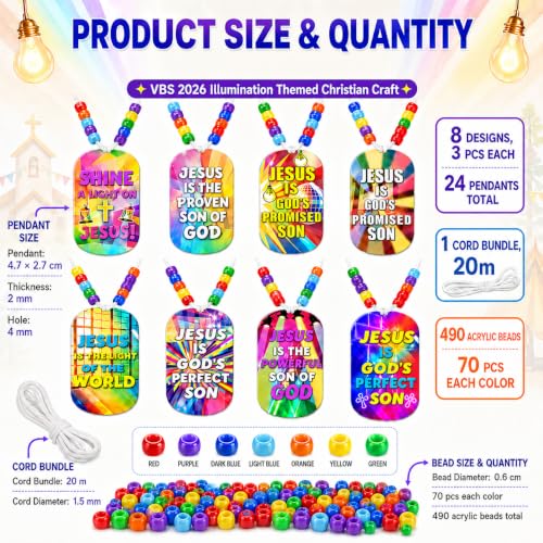 Cinrobiye 48 Pcs 2026 VBS Jesus Light Christian Necklace Craft Kit, DIY Bible Verse Necklace Making Set with Beads, Faith Necklaces Party Favors for Vacation Bible School, Church Events and Ministry - style: Jesus Light