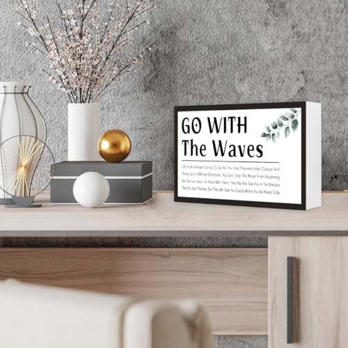 Go With the Waves Inspirational Wood Box Sign,Motivational Quote Wooden Block Sign Desk Decor for Home Office Bedroom Shelf Tabletop Decor - style: Go With the Waves