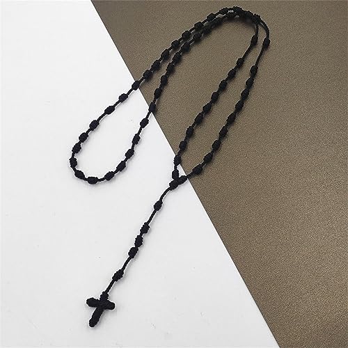 Caiyao Lightweight Catholic Knotted Rosary Cross Long String Necklace for Women Durable Braided Long Knotted Cord Rope Strand Twine Cross Spiritual Necklace Teen Girls Boys Keepsake Gift, 20 Inches - color: black