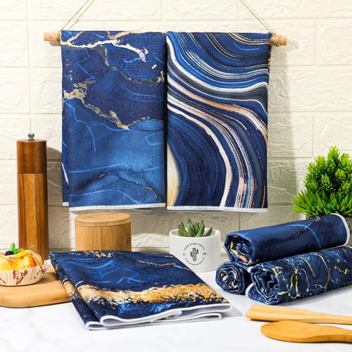 Boyiee 6 Pcs Marble Hand Towels Blue and Gold Kitchen Towels Dish Cloths - color: Blue and Gold Marble