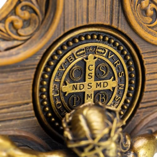DevotedWalls Saint Benedict Crucifix for Wall–12" H Catholic Cross with Medal, Gold-Toned Finish St Benedict Crucifix with Jesus Christ Sculpture for Living Room, Bedroom, or Church Wall Decor - size: 12"L x 6.4"W