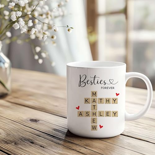 Personalized Besties Forever Mug - Custom Besties Names Crossword Puzzle Mug - Peronalized Sisters Names - Birthday Gift For Best Friend - Long Distance Besties Cup - color: SCRABBLE-M1