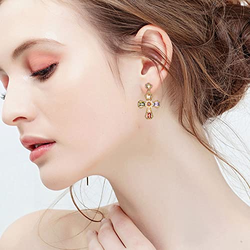 Colorful Crystal Cross Dangle Stud Earrings for Women CZ Rhinestone Pearl Dangling Charm Drop Earrings Statement Studs Boho Fashion Jewelry