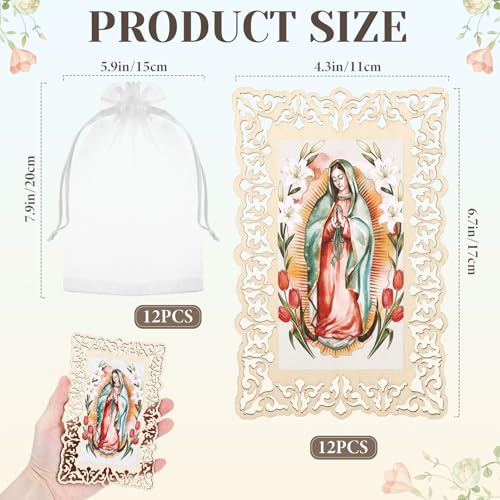 12 Pcs Our Lady of Guadalupe Wooden Picture Frames with Organza Gift Bags, Holy Prayer Cards First Communion Christening Memorial Engrave Baptism Favors for Guests, Catholic Gifts