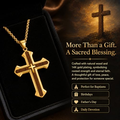 14K Gold Plated Wood Cross Necklace for Men Christian Pendant Jewelry - color: A04-Cross