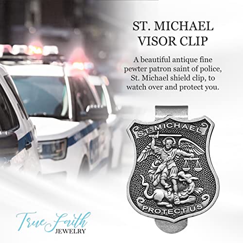 True Faith Jewelry Pewter St Michael Shield Car Visor Clip, Archangel Patron Saint of Police, Law Enforcement Officer Gifts for Men and Women, Fine Pewter (92% Tin), 1-1/2 x 1-1/8 Inch - size: St. Michael (Shield) 2