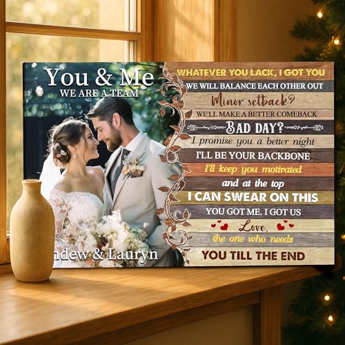 KiKiLuna Personalized Couple Canvas Wall Art, Custom Photo & Text “You & Me We Are A Team” Sign, Rustic Wood Style Custom Name Print, Anniversary Wedding Valentine’s Day Gift for Husband Wife, Romantic Bedroom Living Room Home Decor - color: Style17