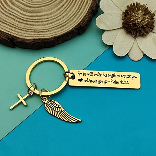 Dabihu Christian Keychain Gift for Women Men Religious Jewelry First Communion Gifts Baptism Gifts Bible Verse Keychain - color: For He Will Order His Angels to Protect You Wherever You Go Inspirational Gold Keychain