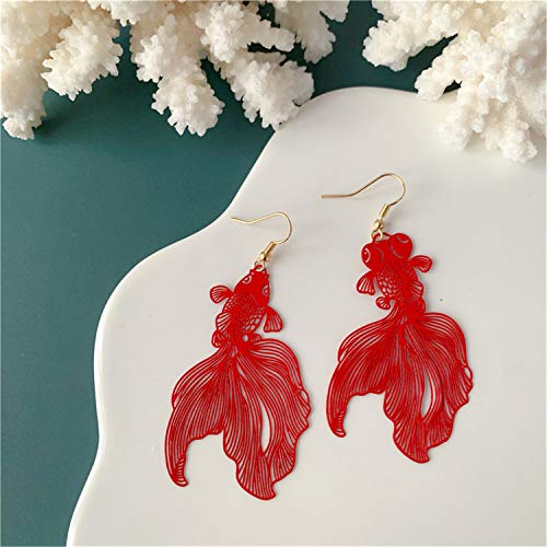 Unique Chic Lightweight Hollow Fish Dangle Drop Hook Earrings Charm Pink Red Asymmetry Goldfish Dangle Earrings For Women Girls Statement Jewelry Gifts - color: Red