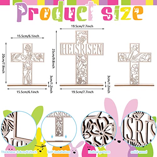 3 Pcs Easter Centerpieces for Table He Is Risen Sign Easter Cross Wooden Decor Religious Tabletop Wall Cross Christian Decorations for Home Easter Rustic Cross Art Easter Table Top Cross, 9.8'', 7.9''