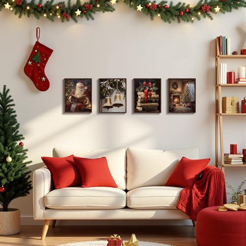 DOFQZ Rustic Christmas Wall Art Prints Set of 4, Christmas Home Room Decor, Vintage Winter Xmas Santa Bell Fireplace Tree Books Posters for Home Bedroom Living Room Decor, 12x16 Unframed - color: 05Child, size: 12*16