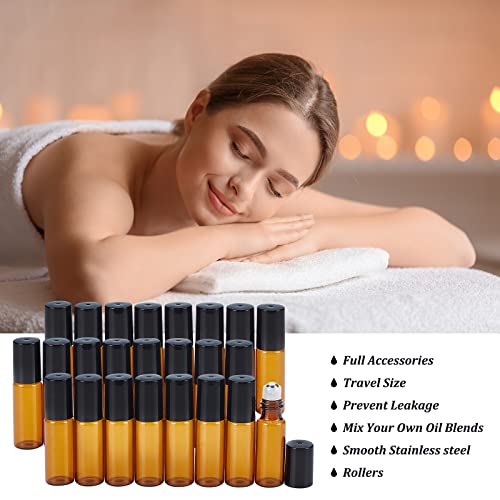 BENECREAT 30 Pack 5ml Amber Glass Essential Oils Roller Bottles with Stainless Steel Roller Balls 10Pcs 3ml Droppers, 4Pcs Funnels, 1Pc Openers for Essential Oils/Other Liquids - color: Light Brown, size: 5ml