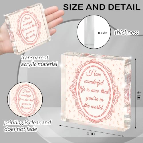 Pink Vintage Nursery Room Decor, How Wonderful Life Is Now You're In The World Decor, Floral Sign for Boy Girl Playroom Classroom Bedroom Home Desk Shelf Tabletop, 4x4 Inch - color: world
