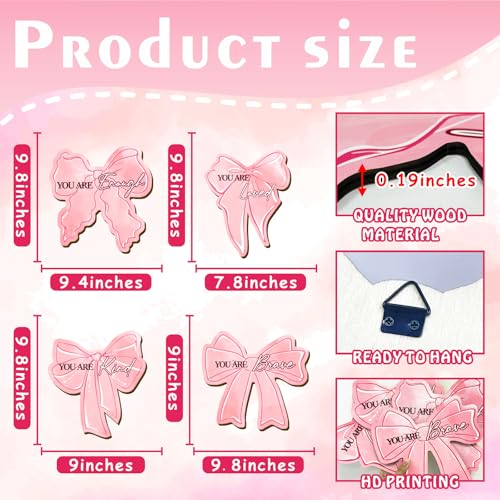 Pink Bow Wall Decor Wooden Inspirational Coquette Art Sign for Girl Bedroom - color: Pink Bow