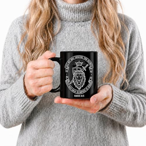 11 Oz Black Ceramic Mug With Lion And Cross Design, Double Sided Print, Microwave Safe, Bible Verse Hebrews 10:35 Coffee Cup