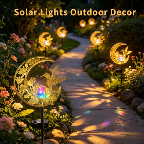 Solar Lights Outdoor Decor Hummingbird Colorful Cracked Glass Moon Lights - color: Colorful Hummingbird