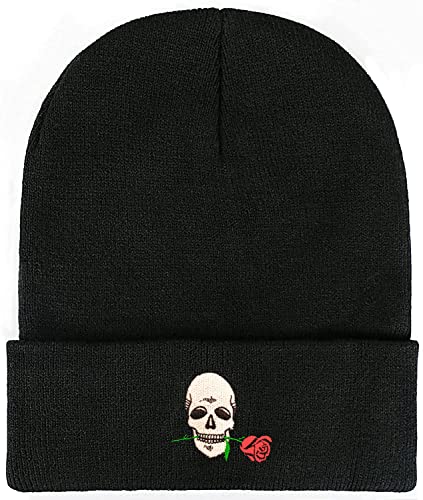 Soft Slouchy Beanie Hat,Winter Warm Knit Cuffed Skull Cap for Men Women - color: Skull and Rose