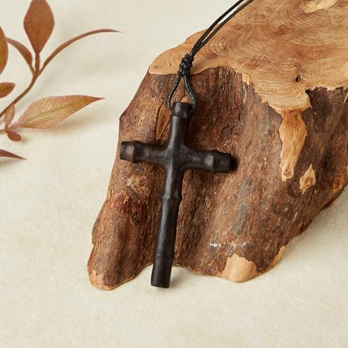 Men's Wooden Cross Necklace Real Handcrafted Ebony Wood Cross Pendants With Leather Necklaces Men's Black Cross Necklaces Christian Baptism Crucifix Pendant for Men(bamboo grain