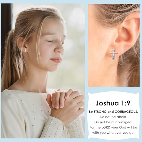 CERSLIMO Cross Earrings for Girls Kids, Christian Confirmation Communion Baptism Catholic Religious Christmas Birthday Inspirational Gifts for Women Teens Teenager Granddaughter Goddaughter - style: Joshua 1:9