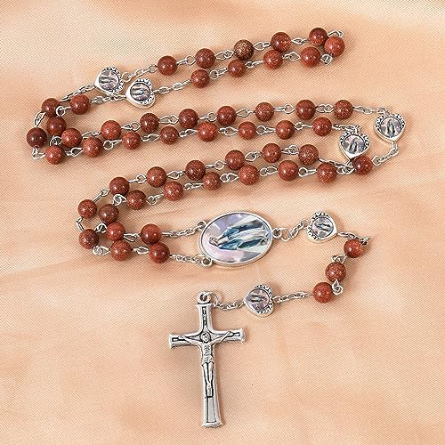 Nazareth Store Natural Stone Beads with Miraculous Epoxy Heart Metal Beads Rosary Necklace Gemstone Christian Gifts - color: Sandstones