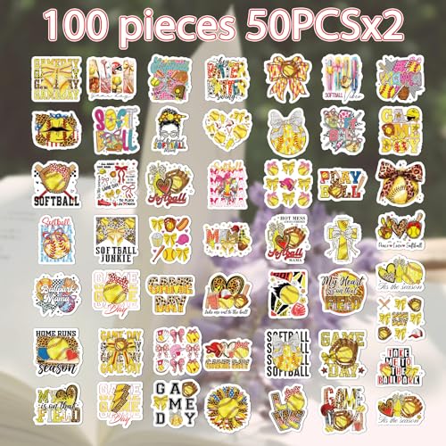 Softball Bow Stickers for Adults - 100 Pcs Coquete Sports Water Bottle Stickers, Cute Motivational Waterproof Scrapbook Sticker, Vinyl Decals for Luggage Laptop Journal - style: Softball