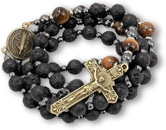 Lava Stone Black Rosary Beads for Men, Catholic Rosary Necklace with Saint Medal & Cross, Yellow Tiger Eye Beads Strong Rosary Cross Necklace in Portable Gift Box - style: St. Benedict