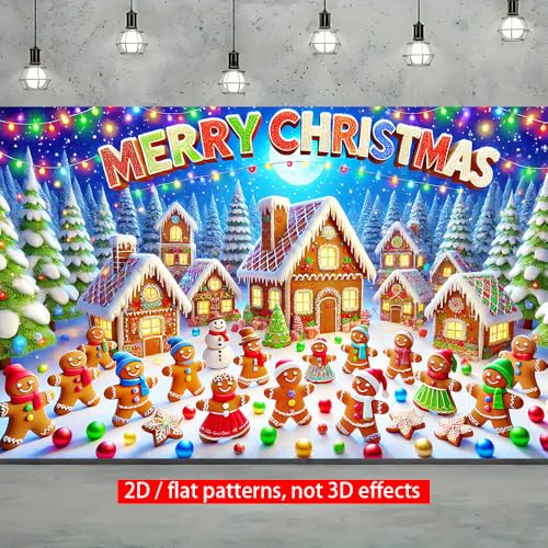 Christmas Banner 71x43 Inch Gingerbread Village Snow Tree and Light String Scene Festive Holiday Backdrop Warm Seasonal Decoration for Indoor Outdoor Celebration Party Display - color: ColorfulB564, size: 70.8 x 43.3 Inch
