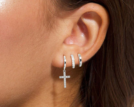 3Pairs Gold Cross Earrings for Women Hoops Huggie Earrings Stack Set - color: Silver-3