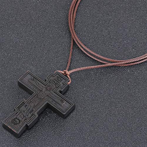 COTTVOTT Wood Orthodox Cross Pendant Necklace Christian Crucifix Necklace Prayer Jesus for Women Men - style: B-Black Color