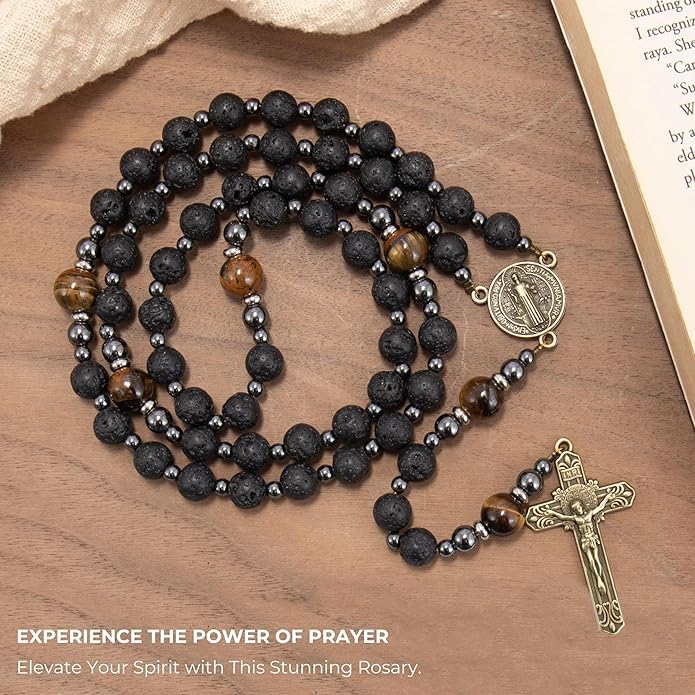 Lava Stone Black Rosary Beads for Men, Catholic Rosary Necklace with Saint Medal & Cross, Yellow Tiger Eye Beads Strong Rosary Cross Necklace in Portable Gift Box - style: St. Benedict