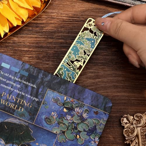 icceemee 4 Pieces of Gold Hollow Bookmarks with Tassels, Featuring Van Gogh and Monet Oil Painting Themes Perfect for Book Lovers, Writers, Readers, Children, Teenagers, Men, Women, and Adults - style: Oil Painting Theme Set of 4